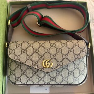 Gucci Beige and Brown Crossbody Bag with Green and Red Strap